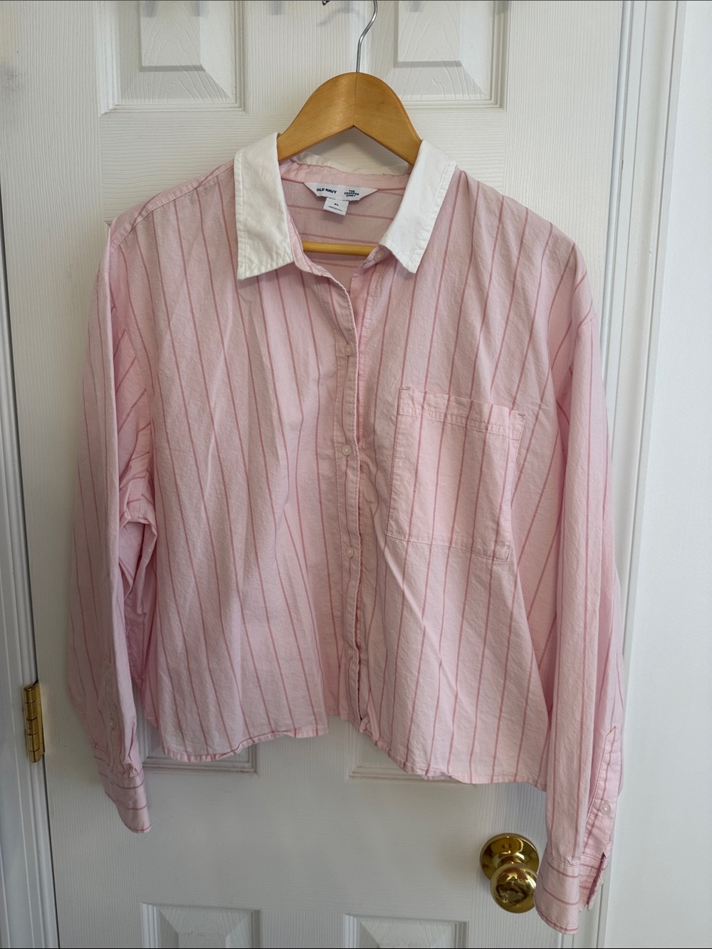 Old Navy Pink Striped Button-Up Shirt with White Collar